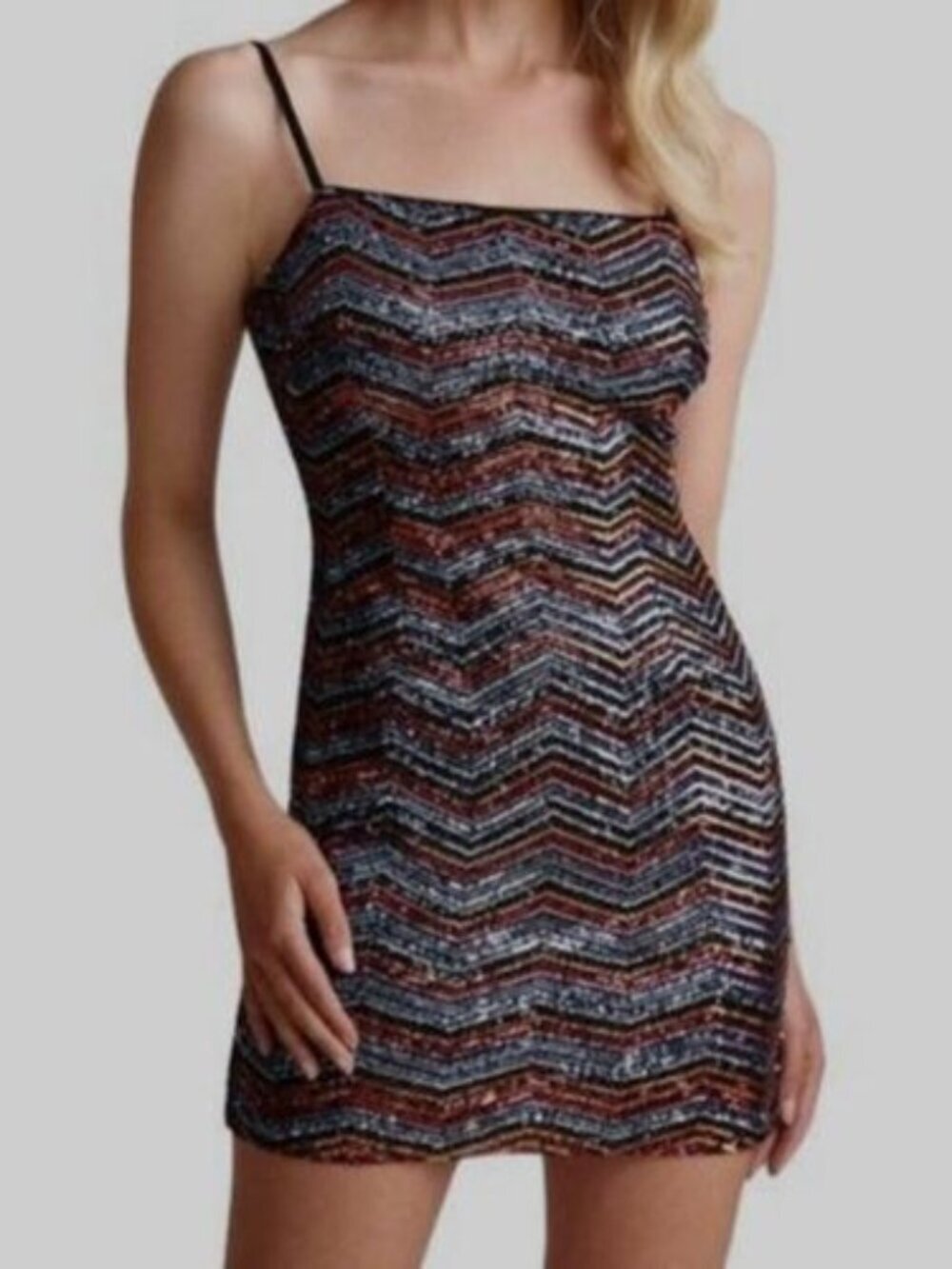 NWT Avec Les Filles Black Multicolor Sequin Chevron Rainbow Going-Out Mini Dress